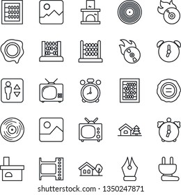 Thin Line Icon Set - elevator vector, alarm clock, abacus, stamp, fireplace, film frame, vinyl, flame disk, gallery, ink pen, house with tree, tv, power plug