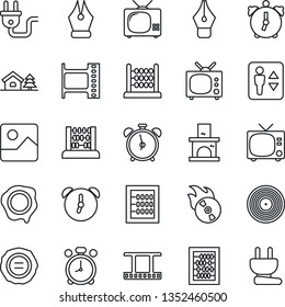 Thin Line Icon Set - elevator vector, alarm clock, tv, abacus, stamp, fireplace, film frame, vinyl, flame disk, gallery, ink pen, house with tree, power plug