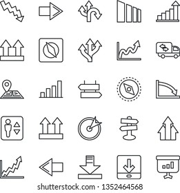 Thin Line Icon Set - elevator vector, signpost, right arrow, left, growth statistic, crisis graph, route, navigation, up side sign, sorting, download, compass, bar, moving, target, presentation