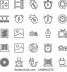 Thin Line Icon Set - elevator vector, alarm clock, abacus, stamp, fireplace, film frame, vinyl, flame disk, gallery, ink pen, house with tree, tv, power plug