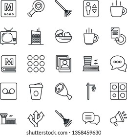 Thin Line Icon Set - elevator vector, airport building, coffee, document reload, rake, garden light, heart diagnostic, route, dialog, menu, record, photo gallery, application, tv, city house, salad