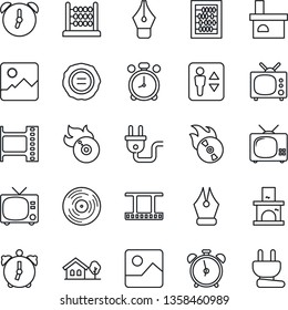 Thin Line Icon Set - elevator vector, alarm clock, tv, abacus, stamp, fireplace, film frame, vinyl, flame disk, gallery, ink pen, house with tree, power plug