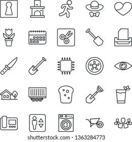 Thin Line Icon Set - elevator vector, female, job, flower in pot, shovel, wheelbarrow, fireplace, run, eye, truck trailer, term, heart, cut, paper tray, house with tree, washer, phyto bar, bread