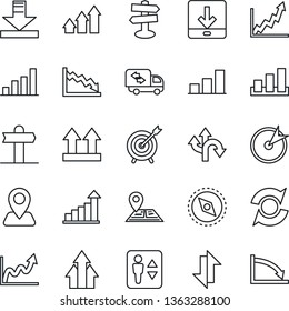 Thin Line Icon Set - elevator vector, growth statistic, route, signpost, navigation, up side sign, sorting, data exchange, download, compass, update, bar graph, moving, target, arrow, crisis