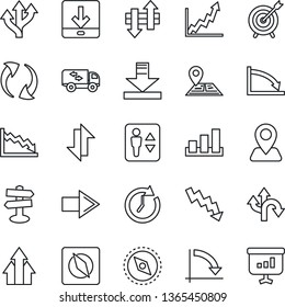 Thin Line Icon Set - elevator vector, right arrow, crisis graph, route, signpost, navigation, sorting, update, data exchange, download, compass, moving, target, up, clock, growth, presentation