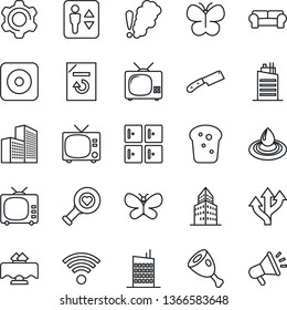 Thin Line Icon Set - elevator vector, tv, checkroom, document reload, butterfly, heart diagnostic, route, rec button, settings, office building, cushioned furniture, wireless, city house, bread, ham