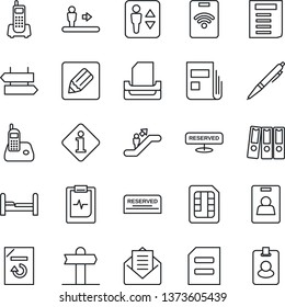 Thin Line Icon Set - elevator vector, escalator, signpost, document, reload, pulse clipboard, office phone, radio, mail, sim, notes, news, identity card, paper binder, tray, pen, bedroom, reserved