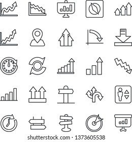 Thin Line Icon Set - elevator vector, signpost, growth statistic, crisis graph, route, navigation, up side sign, download, compass, update, bar, target, arrow, clock, presentation