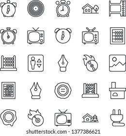 Thin Line Icon Set - elevator vector, alarm clock, tv, abacus, stamp, fireplace, film frame, vinyl, flame disk, gallery, ink pen, house with tree, power plug