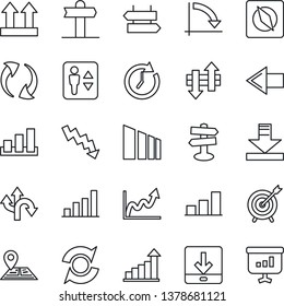 Thin Line Icon Set - elevator vector, signpost, left arrow, growth statistic, crisis graph, route, navigation, up side sign, sorting, update, data exchange, download, compass, bar, target, clock