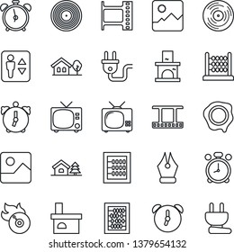 Thin Line Icon Set - elevator vector, alarm clock, tv, abacus, stamp, fireplace, film frame, vinyl, flame disk, gallery, ink pen, house with tree, power plug