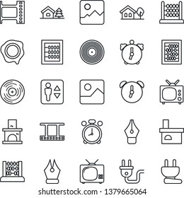Thin Line Icon Set - elevator vector, alarm clock, abacus, stamp, fireplace, film frame, vinyl, gallery, ink pen, house with tree, tv, power plug