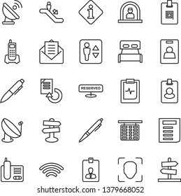 Thin Line Icon Set - elevator vector, escalator, reception, flight table, identity card, pen, document, reload, pulse clipboard, signpost, office phone, satellite antenna, radio, mail, wireless