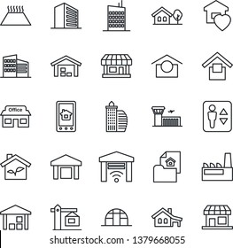 Thin Line Icon Set - elevator vector, airport building, office, greenhouse, store, warehouse storage, house with garage, tree, estate document, sweet home, city, crane, factory, eco, control app