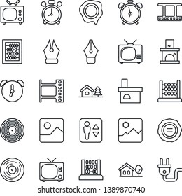 Thin Line Icon Set - elevator vector, alarm clock, tv, abacus, stamp, fireplace, film frame, vinyl, gallery, ink pen, house with tree, power plug