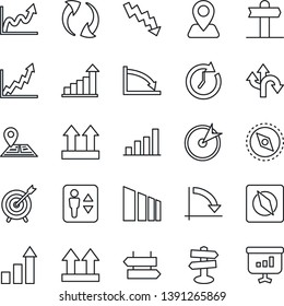 Thin Line Icon Set - elevator vector, signpost, growth statistic, crisis graph, route, navigation, up side sign, sorting, update, compass, bar, target, clock, presentation