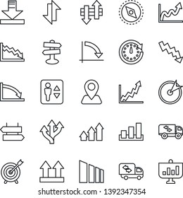 Thin Line Icon Set - elevator vector, signpost, crisis graph, route, navigation, up side sign, sorting, data exchange, download, compass, moving, target, arrow, clock, growth, presentation