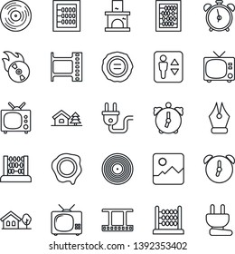 Thin Line Icon Set - elevator vector, alarm clock, tv, abacus, stamp, fireplace, film frame, vinyl, flame disk, gallery, ink pen, house with tree, power plug