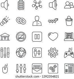 Thin Line Icon Set - elevator vector, no laptop, abacus, mouse, bucket, caterpillar, gamepad, settings, share, chain, group, heart, battery, pause button, user, mail, network, torch, cut, root setup