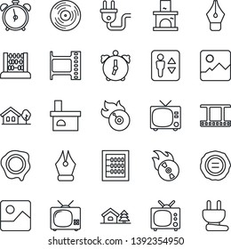 Thin Line Icon Set - elevator vector, alarm clock, tv, abacus, stamp, fireplace, film frame, vinyl, flame disk, gallery, ink pen, house with tree, power plug