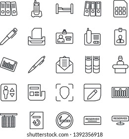 Thin Line Icon Set - elevator vector, no smoking, reception, flight table, identity card, book, document reload, office phone, barcode, radio, mail, sim, notes, face id, news, paper binder, tray
