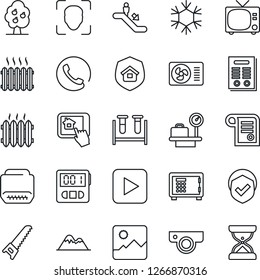 Thin Line Icon Set - escalator vector, tv, safe, luggage scales, saw, blood test vial, shield, play button, hdmi, gallery, stopwatch, face id, contract, fruit tree, mountains, heater, phone