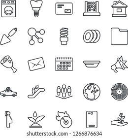 Thin Line Icon Set - escalator vector, alarm car, abacus, trowel, house, implant, pregnancy, vinyl, flame disk, mail, phone back, folder, calendar, company, plates, ham, bowl, irrigation, washer