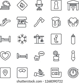 Thin Line Icon Set - escalator vector, female, tie, well, hose, axe, heart, scales, hospital bed, hand, flammable, place tag, news, office chair, bedroom, flower in pot, crane, beer, candle, clock