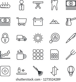 Thin Line Icon Set - escalator vector, sun, farm fork, rake, picnic table, caries, cash, car delivery, rec button, menu, sim, data exchange, lock, pen, mountains, client search, waiter, coffee, cart