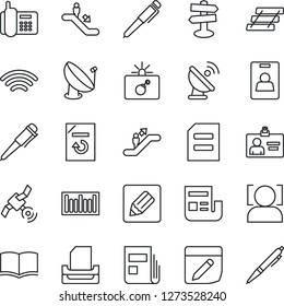 Thin Line Icon Set - escalator vector, bomb in case, identity card, book, pen, document, reload, signpost, office phone, barcode, satellite antenna, notes, wireless, face id, news, paper tray