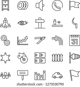 Thin Line Icon Set - escalator vector, wind, checkroom, watering, pruner, sickle, plant label, eye, signpost, car delivery, flame disk, equalizer, calendar, archive box, hierarchy, phone, plates