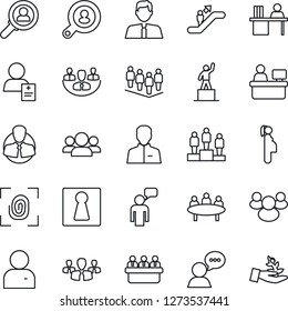 Thin Line Icon Set - escalator vector, female, speaking man, pedestal, team, meeting, manager place, patient, pregnancy, client, speaker, group, user, company, desk, search, estate agent, consumer