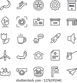 Thin Line Icon Set - escalator vector, identity, gear, desk, sickle, caterpillar, diagnosis, 24 hours, warehouse storage, tulip, eye id, pool, mailbox, windmill, fruit tree, sold signboard, coffee
