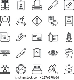 Thin Line Icon Set - escalator vector, no smoking, reception, identity card, book, pen, document reload, pulse clipboard, signpost, office phone, satellite, mail, notes, wireless, face id, news
