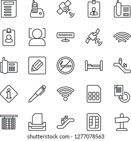 Thin Line Icon Set - escalator vector, no smoking, flight table, identity card, document, reload, office phone, satellite, radio, sim, notes, wireless, face id, paper tray, pen, bedroom, reserved
