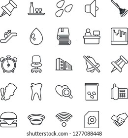 Thin Line Icon Set - escalator vector, alarm clock, office chair, drawing pin, manager place, rake, water drop, seeds, heart diagnostic, caries, phone, paper, scanner, mute, document search, book