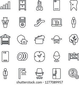 Thin Line Icon Set - escalator vector, manager, notebook pc, flower in pot, tree, caries, office phone, rack, remote control, back, clock, bar graph, archive box, fridge, plates, egg stand, alcove
