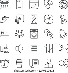 Thin Line Icon Set - escalator vector, mobile phone, bucket, settings, share, chain, back, gallery, user, clock, alarm, bell, network, calendar, notes, cut, application, root setup, document search