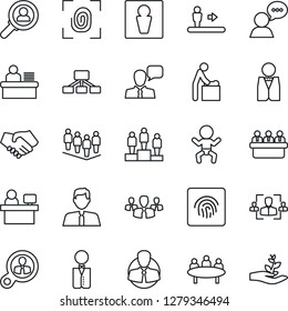 Thin Line Icon Set - escalator vector, male, baby, room, pedestal, team, meeting, manager place, client, speaker, fingerprint id, hr, desk, estate agent, waiter, consumer search, group, handshake