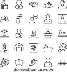 Thin Line Icon Set - escalator vector, female, baby room, reception, handshake, speaking man, meeting, manager place, doctor, speaker, group, user, fingerprint id, client search, estate agent