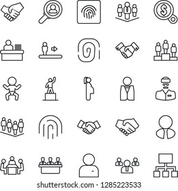 Thin Line Icon Set - escalator vector, baby, handshake, pedestal, team, doctor, pregnancy, user, fingerprint id, manager desk, meeting, company, estate agent, waiter, consumer search, money