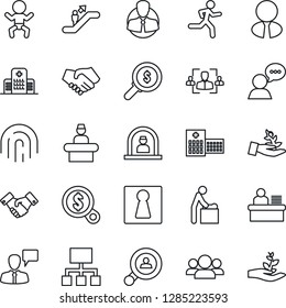 Thin Line Icon Set - escalator vector, female, baby, room, reception, handshake, speaking man, run, hospital, client, speaker, fingerprint id, hr, manager desk, search, estate agent, group, money