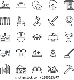 Thin Line Icon Set - escalator vector, identity card, mouse, tree, sproute, hoe, radio phone, brightness, office building, alcohol, restaurant table, reception, cocktail, salt and pepper, chicken