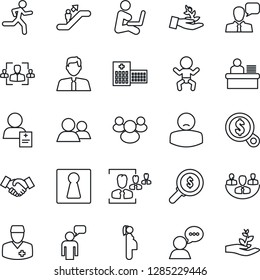 Thin Line Icon Set - escalator vector, female, baby, handshake, speaking man, run, hospital, doctor, patient, pregnancy, speaker, group, company, hr, manager desk, estate agent, palm sproute