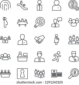Thin Line Icon Set - escalator vector, female, speaking man, pedestal, team, meeting, manager place, run, hospital, doctor, pregnancy, group, user, fingerprint id, client search, estate agent, money