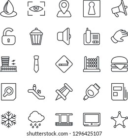 Thin Line Icon Set - escalator vector, smoking place, female, airport building, document search, drawing pin, glove, water drop, rain, garden light, navigation, film frame, loudspeaker, tv, hdmi