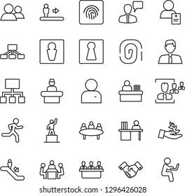 Thin Line Icon Set - escalator vector, male, female, reception, handshake, speaking man, pedestal, meeting, run, patient, group, user, fingerprint id, hr, manager desk, estate agent, palm sproute