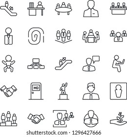 Thin Line Icon Set - escalator vector, male, baby, medical room, handshake, speaking man, pedestal, team, meeting, client, user, hr, manager desk, company, estate agent, waiter, fingerprint