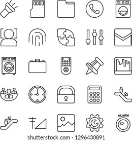 Thin Line Icon Set - escalator vector, phone, case, settings, remote control, paper pin, gallery, mail, scanner, sd, folder, torch, lock, face id, fingerprint, cellular signal, application, company