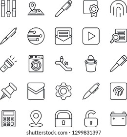 Thin Line Icon Set - escalator vector, document search, pen, bucket, navigation, settings, paper pin, play button, mail, network, torch, place tag, lock, fingerprint id, sertificate, calculator